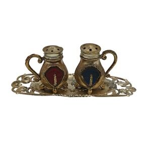 Vintage Mini Metal Salt Pepper Shakers Tray Statue Of Liberty New York Gold Gift